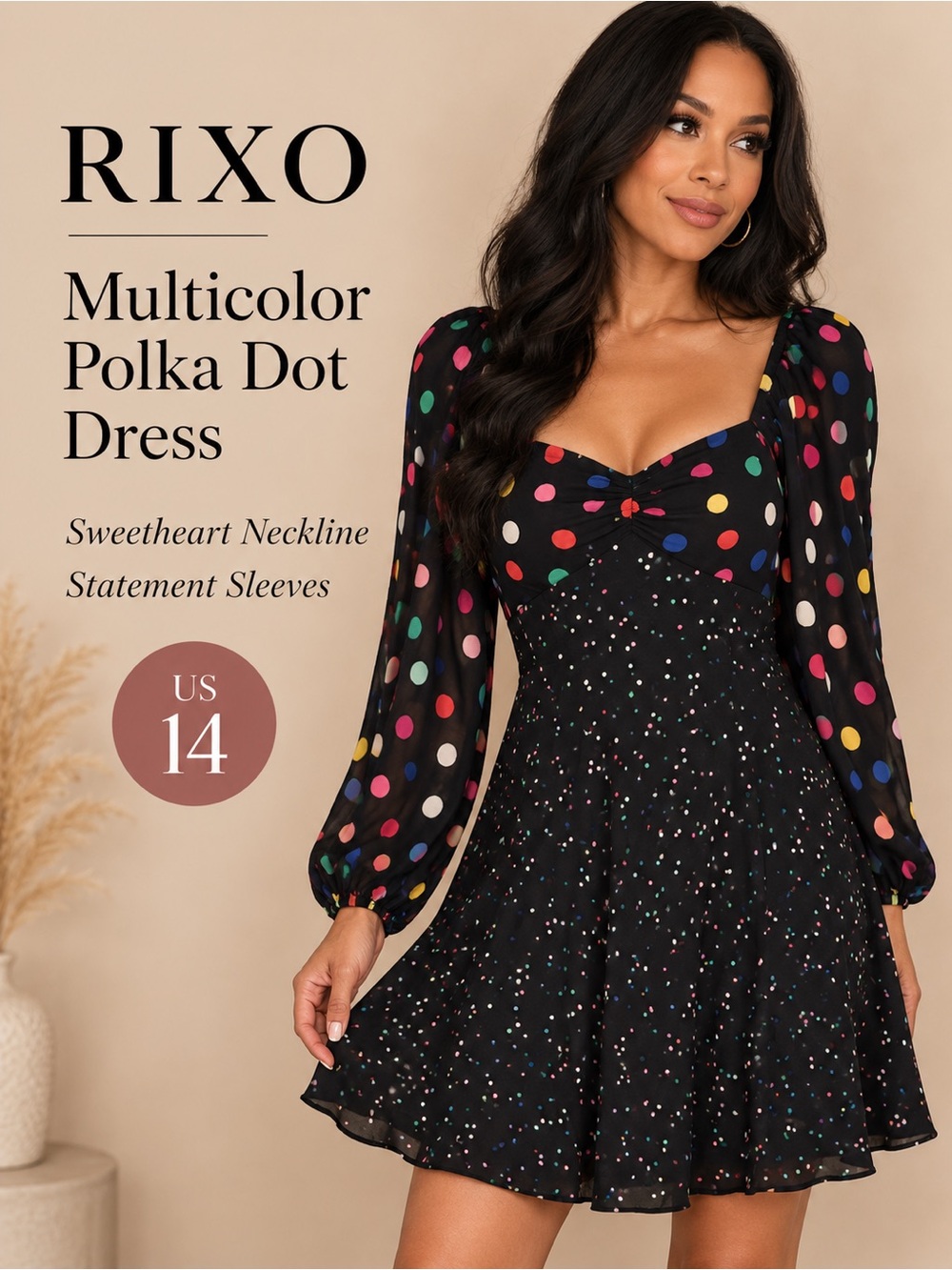 RIXO x Target Multicolor Polka‎ Dot Long Sleeve Sweetheart Swing Dress Size 14